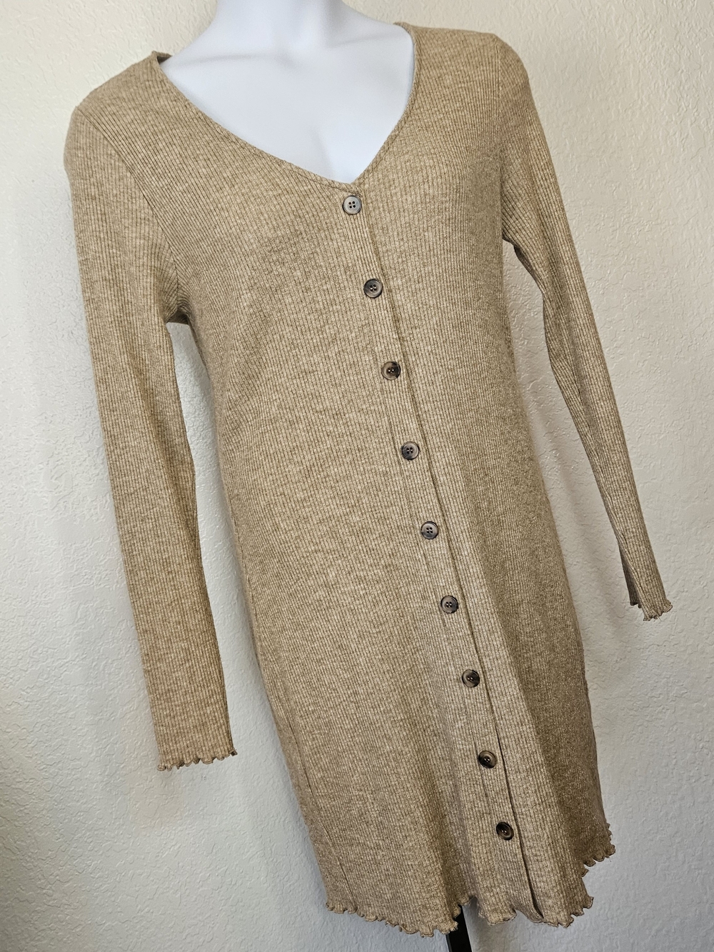 Ribbed Button-Front Knit Dress